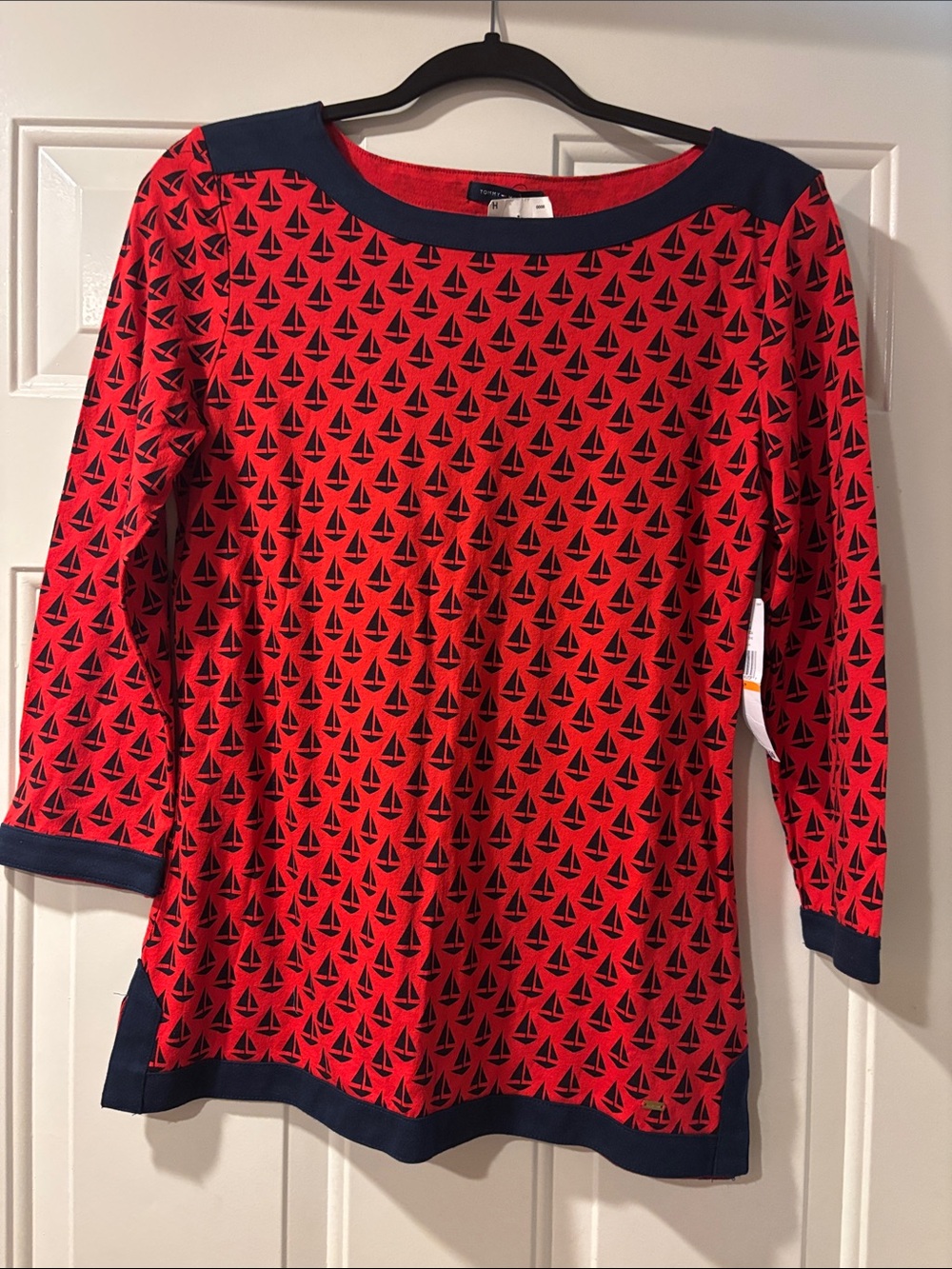 NWT Tommy Hilfiger Red Knit Tunic Top with Navy Sailboat Motif